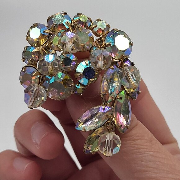 VTG Swirl AB Faceted Dangling Bead Rhinestone Brooch Pin  Gold Tone - Picture 2 of 8